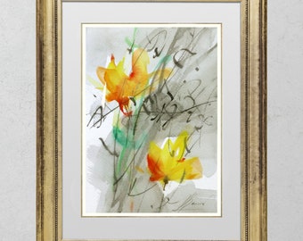 Original Floral Watercolor Painting: Abstract Flower Wall Art (17.5 / 24.5 cm)
