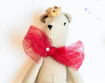 Mini teddy bear, small teddy bear with crown and red bow, cuddly toy with bag