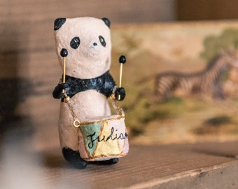 Panda decoration with drum, vintage inspired spun cotton figurine, spun cotton panda, vintage style nursery decoration