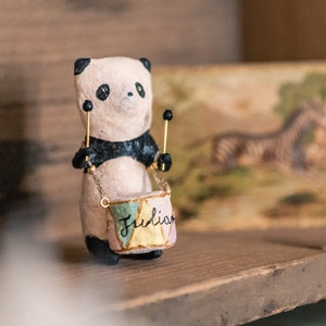 Panda decoration with drum, vintage inspired spun cotton figurine, spun cotton panda, vintage style nursery decoration con nome