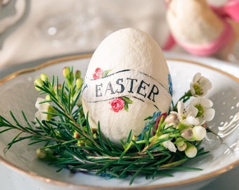 Vintage style Easter egg, egg with ribbon and Victorian flowers hand painted in wood and cotton wool, personalized place card.