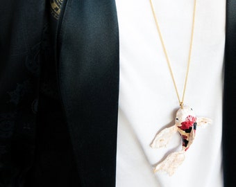 Necklace with gold chain and koi carp pendant in spun cotton, lightweight necklace with fish pendant in cotton wool