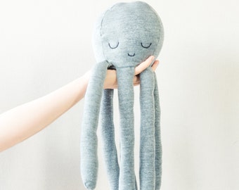 octopus soft toy in melange gray, pink, mustard yellow or gold jersey fabric