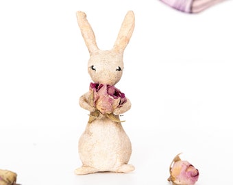 Decorative bunnies in spun cotton, Easter bunny ornament, hare figurine with real flowers, cotton wool ornament