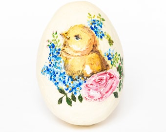 Egg decorated with chick among flowers in vintage style, Victorian style Easter decoration, placeholder in vintage style.