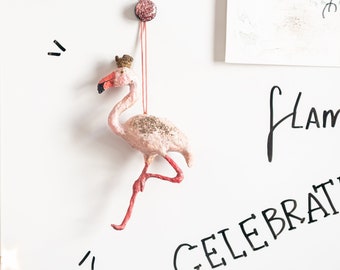 Pink Flamingo with Hanging Crown, Spun Cotton Flamingo Decoration, Christmas Decoration