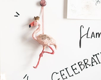 Pink flamingo with hanging crown, spun cotton flamingo decoration, Christmas decoration