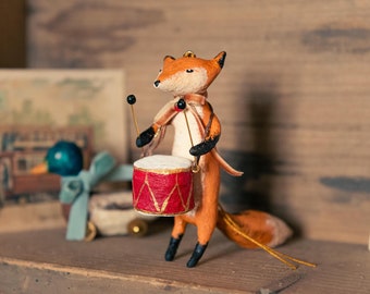 vintage inspired decoration. Fox with drum and cotton wool bow. made to order.