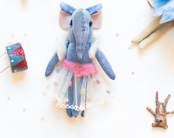 Mini Elephant Doll, Small Fabric Elephant, Dollhouse Elephant, Travel Toy with Bag