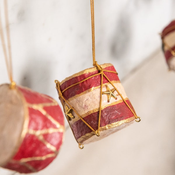 Vintage style spun cotton drum decoration, gold and red toy drum with gold metal stars