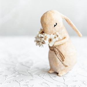 Decorative Bunnies in Cotton Spun, Easter Bunnies Ornaments, Spring Figurine with Real Flowers