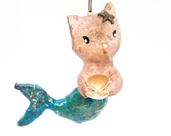 Vintage inspired mermaid cat in spun cotton. Made to order.