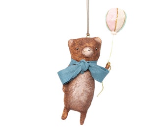 Vintage-inspired hanging decoration in spun cotton, teddy bear with bow and balloon with name, little animal for children's room