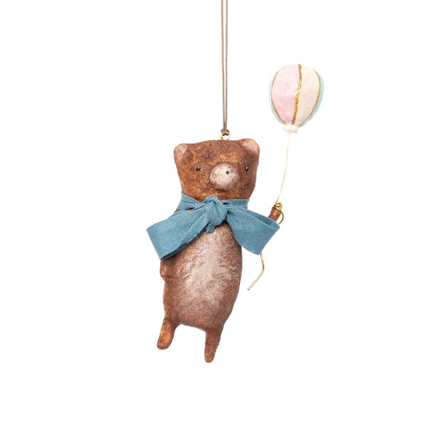 Vintage-inspired hanging decoration in spun cotton, teddy bear with bow and balloon with name, little animal for children's room