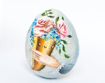 Egg decorated with cornucopia in vintage style, decoration with roses and forget-me-nots, vintage hand and victorian flowers.
