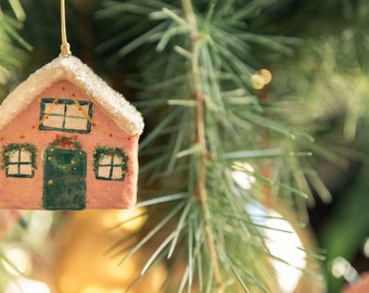 Hand Painted Cotton Wool Christmas Ornament Set, Christmas House, Sleigh and Stocking Decoration, Vintage Glass Effect Ornament.