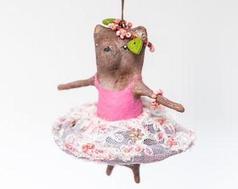 Vintage Inspired Cotton Spun Hanging Ornament, Bear with Tutu, Dancing Bear, Ballerina with Tutu, Ballerina Ornament