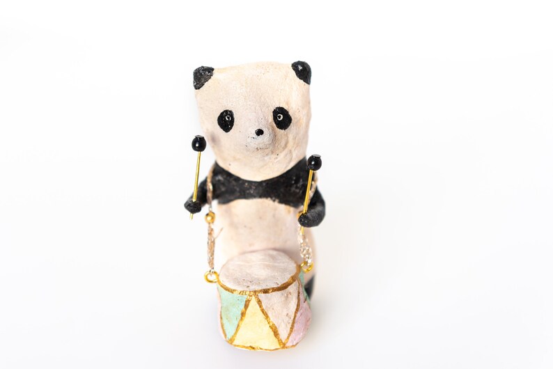 Panda decoration with drum, vintage inspired spun cotton figurine, spun cotton panda, vintage style nursery decoration image 5