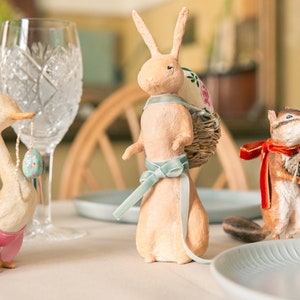 Decorative Easter rabbit in cotton wool, Easter centerpiece with egg holder in the shape of a rabbit, hare in spun cotton with basket. image 10