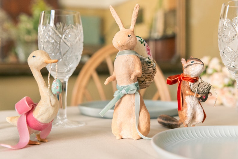 Decorative Easter rabbit in cotton wool, Easter centerpiece with egg holder in the shape of a rabbit, hare in spun cotton with basket. image 10