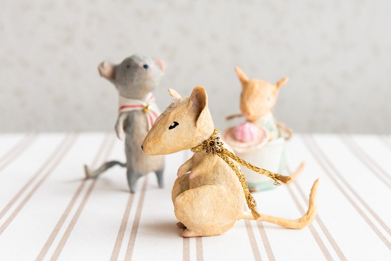 Vintage inspired spun cotton decoration, miniature mouse, collectible figurine, mouse decoration image 8