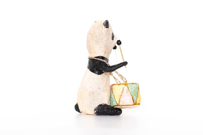 Panda decoration with drum, vintage inspired spun cotton figurine, spun cotton panda, vintage style nursery decoration image 3