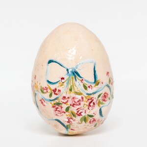 Vintage style Easter egg, hand painted egg with bow and roses, spring decoration, cotton wool Easter ornament image 5