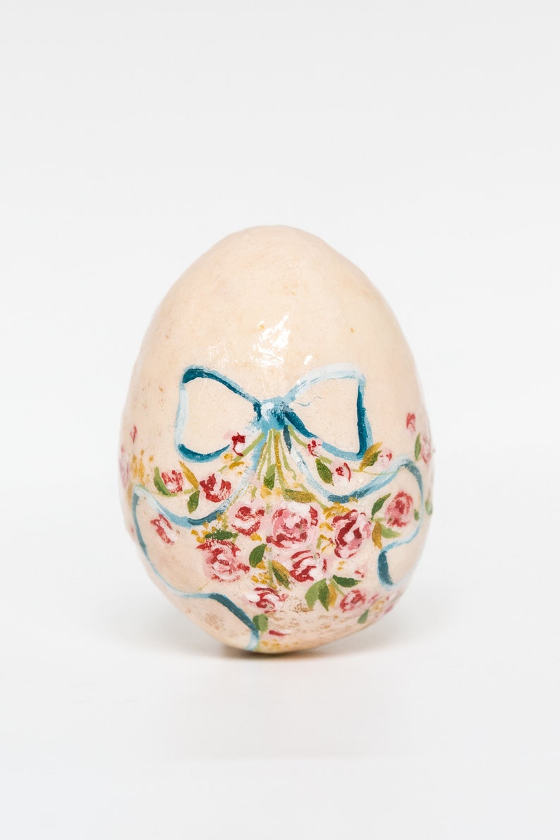 Vintage style Easter egg, hand painted egg with bow and roses, spring decoration, cotton wool Easter ornament image 5