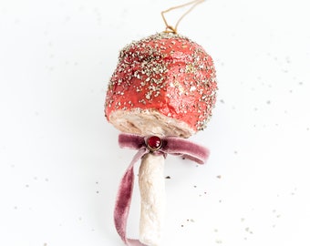 Vintage inspired red mushroom decoration with glitter and ribbon