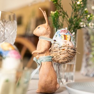 Decorative Easter rabbit in cotton wool, Easter centerpiece with egg holder in the shape of a rabbit, hare in spun cotton with basket. image 7