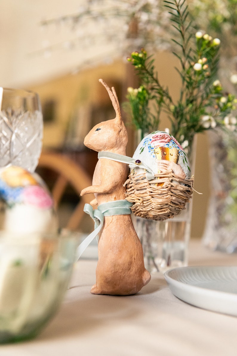 Decorative Easter rabbit in cotton wool, Easter centerpiece with egg holder in the shape of a rabbit, hare in spun cotton with basket. image 7