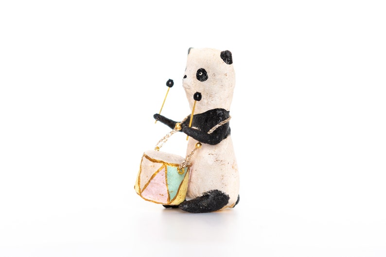 Panda decoration with drum, vintage inspired spun cotton figurine, spun cotton panda, vintage style nursery decoration image 4