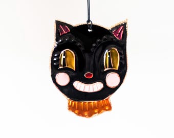 Black Cat Ornament, Halloween Hanging Decoration, Vintage Style Metal Decorative Cat, American Primitive Folk Art