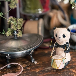 Panda decoration with drum, vintage inspired spun cotton figurine, spun cotton panda, vintage style nursery decoration image 7