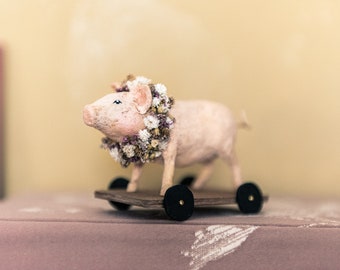 Pig on wheels with flower crown, pink cotton wool pig, vintage toy imitation, spun cotton pig, spun cotton