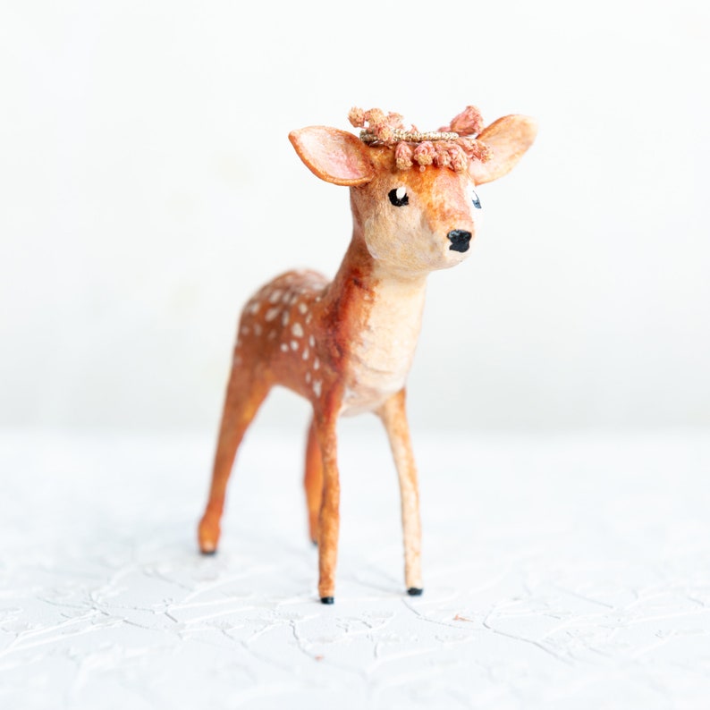 Decorative fawn in spun cotton, little animals in hydrophilic cotton, spring decoration of fawn with crown of real flowers image 1