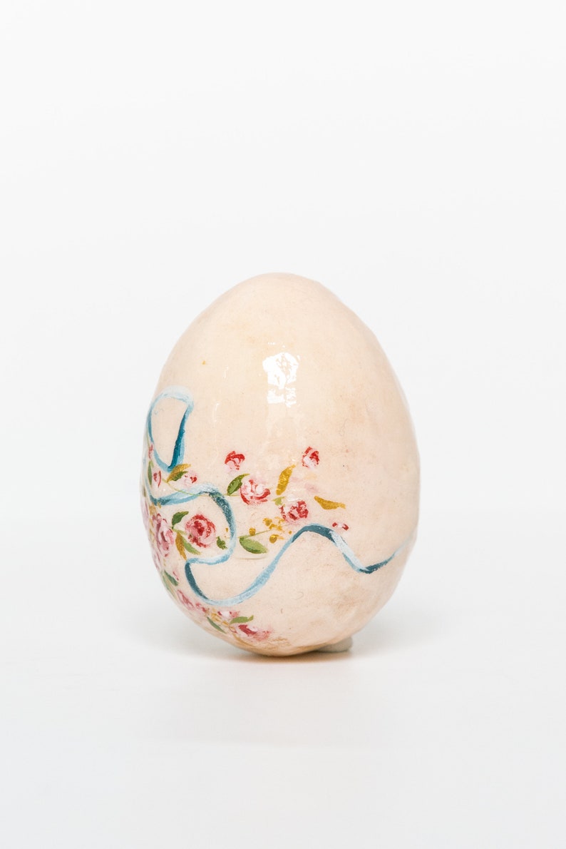 Vintage style Easter egg, hand painted egg with bow and roses, spring decoration, cotton wool Easter ornament image 6