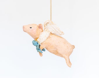 Cotton wool pig with wings, flying pig, farm animal hanging decoration, pink pig with wings.