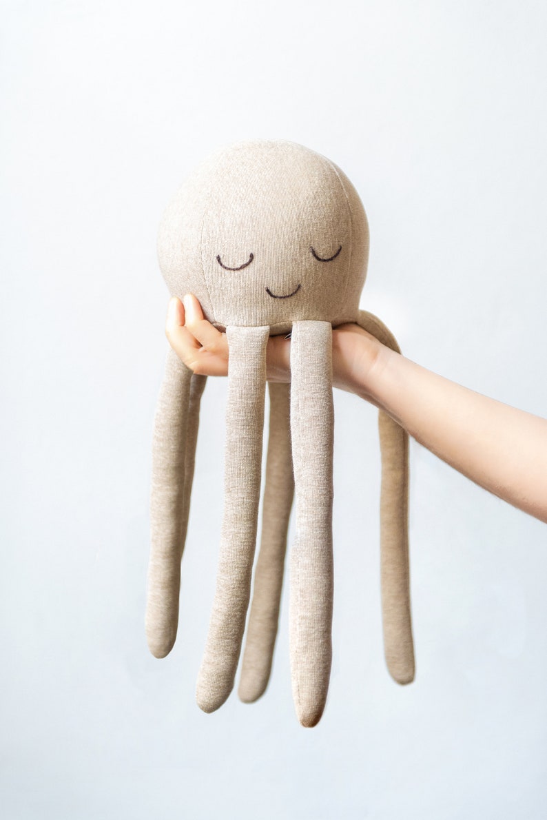 octopus soft toy in melange gray, pink, mustard yellow or gold jersey fabric Gold
