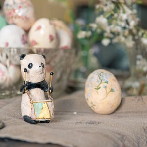 Panda decoration with drum, vintage inspired spun cotton figurine, spun cotton panda, vintage style nursery decoration image 8