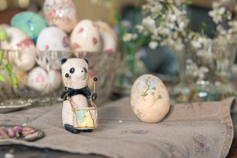 Panda decoration with drum, vintage inspired spun cotton figurine, spun cotton panda, vintage style nursery decoration image 8