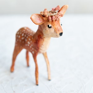 Decorative fawn in spun cotton, little animals in hydrophilic cotton, spring decoration of fawn with crown of real flowers image 6