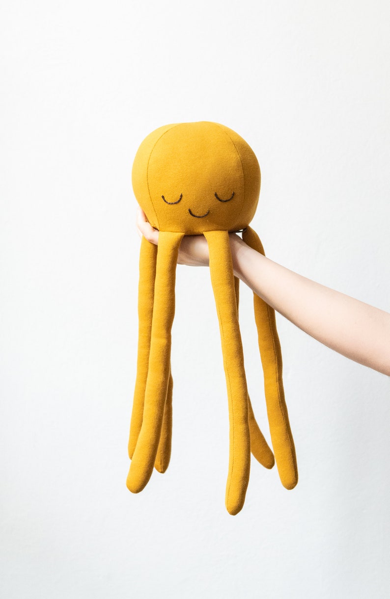 octopus soft toy in melange gray, pink, mustard yellow or gold jersey fabric Yellow