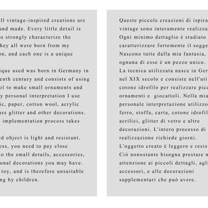 May include: Two columns of text describing the process of creating small vintage-inspired ornaments. The text on the left is in English and the text on the right is in Italian.