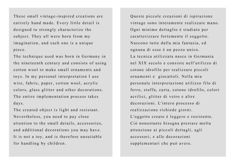 May include: Two columns of text describing the process of creating small vintage-inspired ornaments. The text on the left is in English and the text on the right is in Italian.