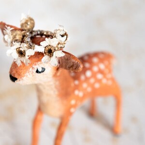 Decorative fawn in spun cotton, little animals in hydrophilic cotton, spring decoration of fawn with crown of real flowers image 5