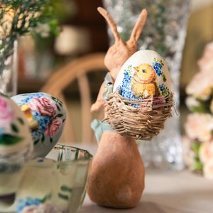 Decorative Easter rabbit in cotton wool, Easter centerpiece with egg holder in the shape of a rabbit, hare in spun cotton with basket. image 4