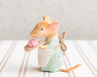 Vintage inspired spun cotton decoration, miniature mouse, collectible figurine