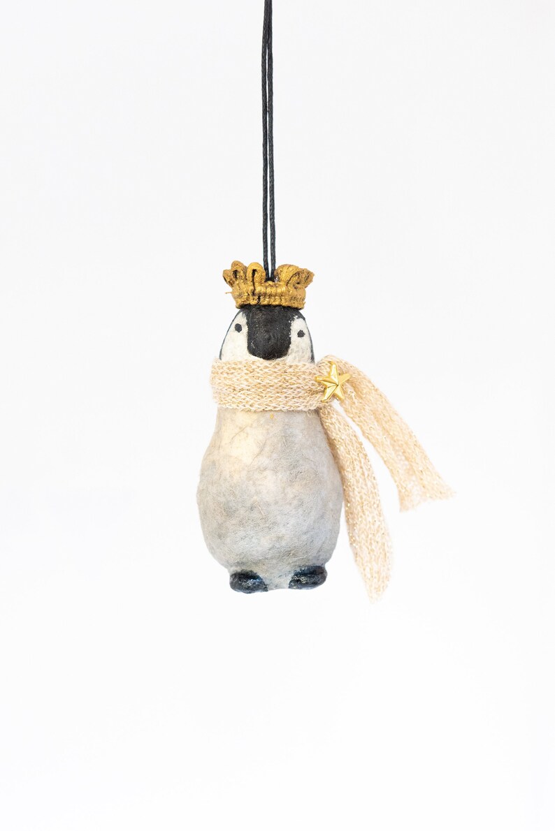 Vintage inspired decoration, penguin with scarf and crown made of cotton wool, winter decoration penguin with sweater. image 3