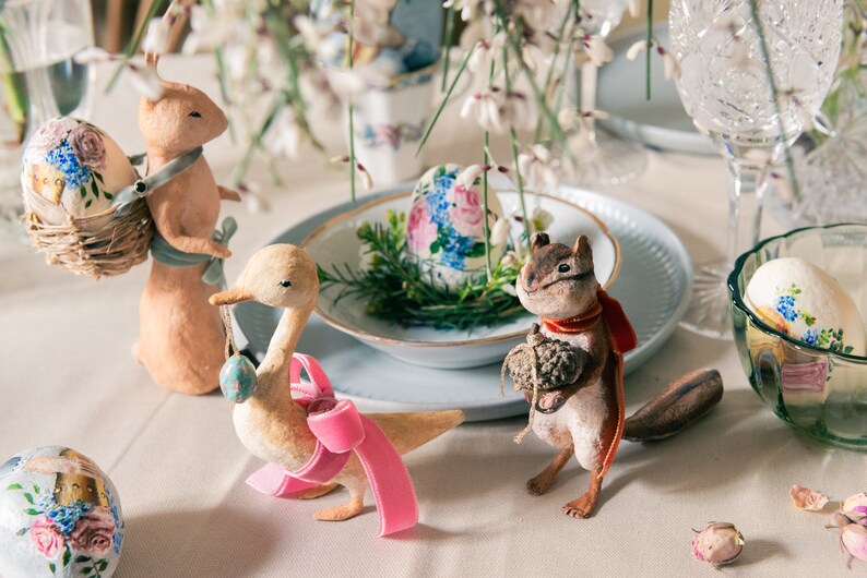 Decorative Easter rabbit in cotton wool, Easter centerpiece with egg holder in the shape of a rabbit, hare in spun cotton with basket. image 6
